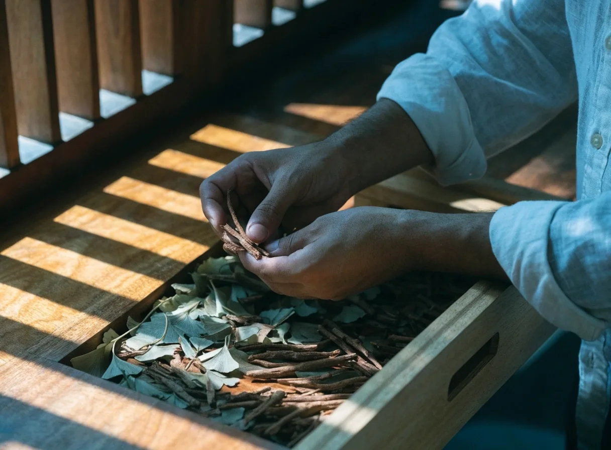 An open wooden drawer of dried botanical materials on a Seminyak worktable under raked daylight