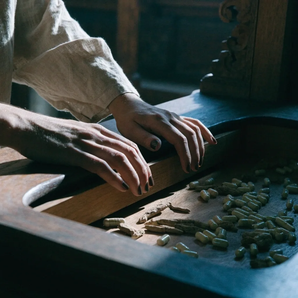 An open wooden drawer with loose dried botanical material and a few capsules under raking light