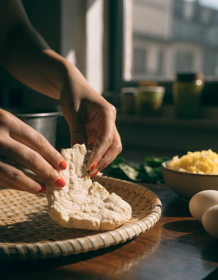 Simple everyday meal of rice, tempeh, eggs and greens on a matte surface