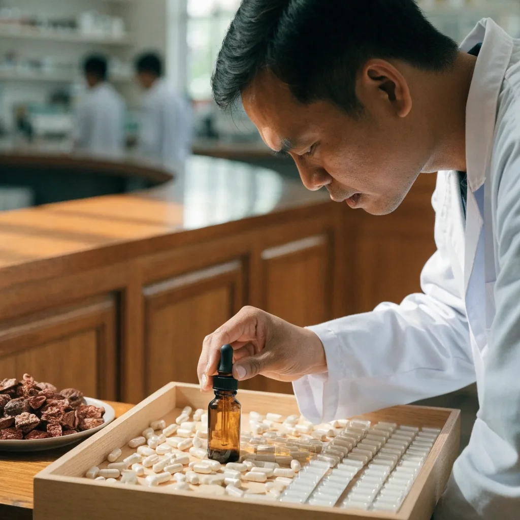 Capsules, an amber dropper bottle, a blister strip edge and dried botanical fruit grouped on a matte surface