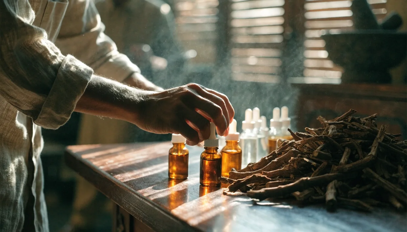 Unlabelled capsules, an amber dropper bottle, dried root material and a tablet edge arranged on a dark matte surface under raking morning light