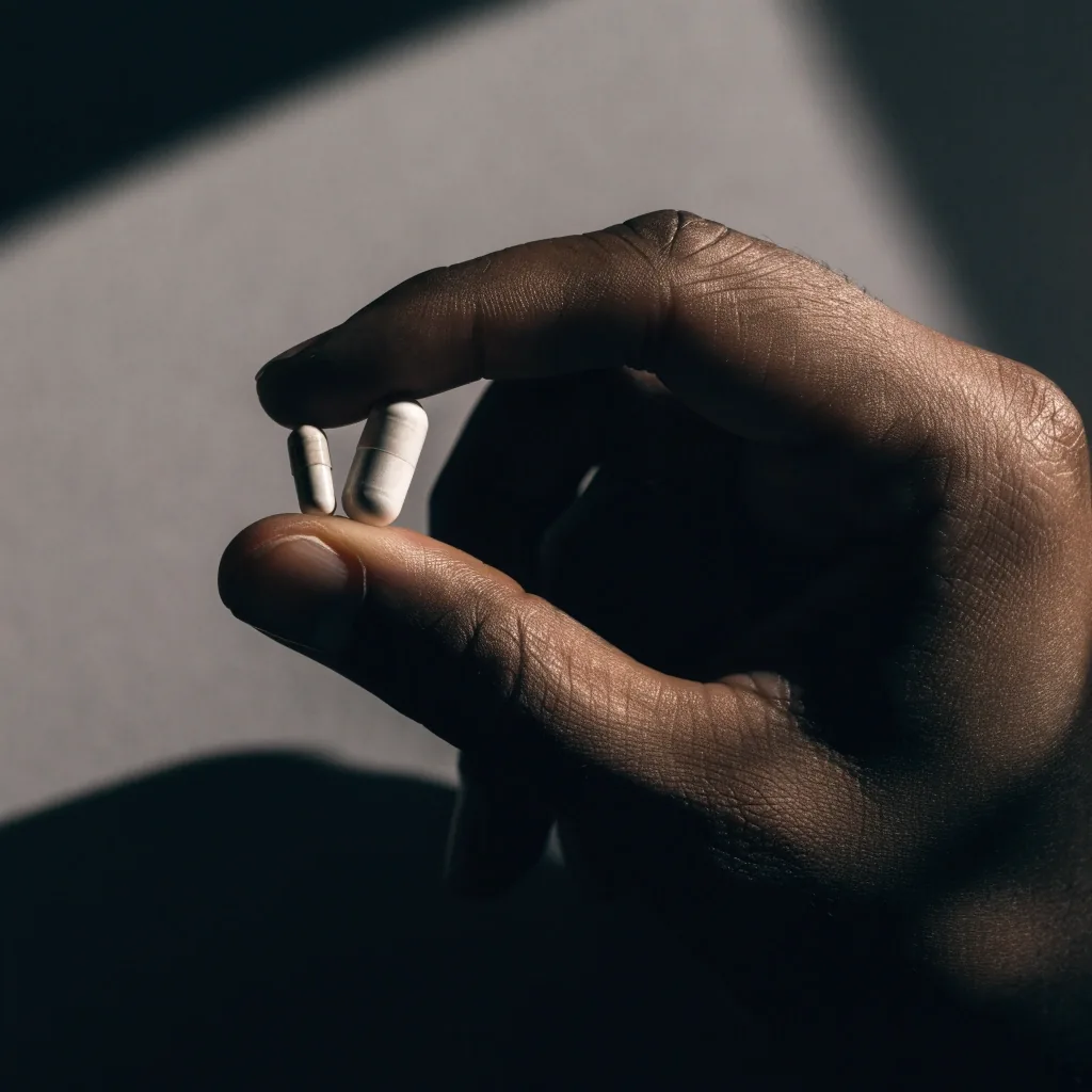 Two unlabelled capsules side by side on matte paper, lit from the left so their size difference is visible
