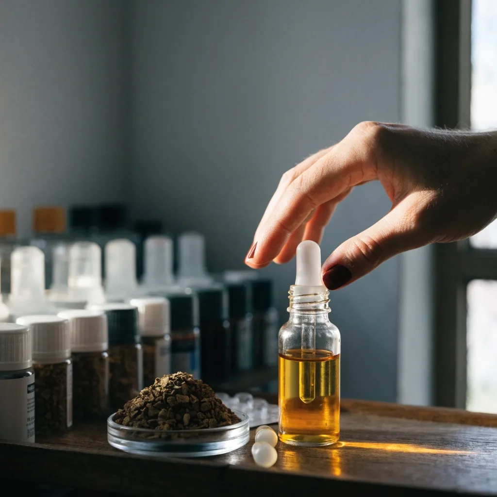 Unlabelled capsules, an amber dropper bottle, dried botanical matter and a blister edge laid on matte grey paper under raking daylight